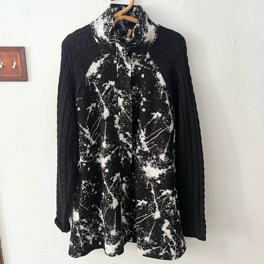 Icelandic Design Wool Black White Gray Full Zip Long Sweater Duster Size Medium